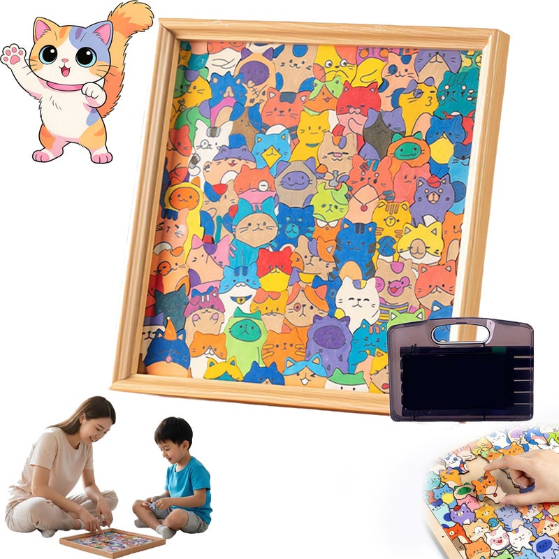 Wooden Coloring Puzzle,DIY Cat Wooden Coloring Puzzle Set with 24 Color pens,Paintable Creative Block Puzzles with Photo Frame,Cartoon Kitten Jigsaw Puzzles for Home Decoration and Self-Made Gift - Image 1